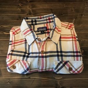 Patagonia plaid flannel shirt in Medium, cream, orange, and black